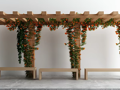 Wooden Pergola Decorated With Green Vines And Orange Flowers With Benches 3d model