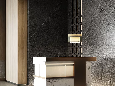 Modern Reception Desk With White Base Marble Countertop And Textured Dark Stone Wall Pendant Light 3d model