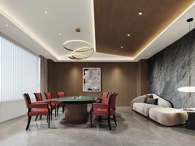 Modern Clubhouse Interior Design With Round Table Red Chairs Sofa And Wooden Stone Walls 3d model
