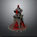 Multi Tiered Stone Tower Architectural Design With Red Glowing Sections And Gray Structure