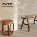 Rustic Wooden Stools And Bench With Carved Design In Interior Setting 3d model