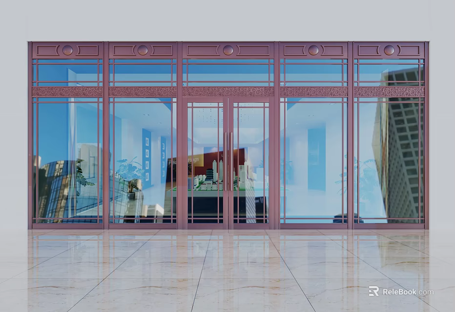 Modern Glass Entrance Door With Metal Frame And Reflective Surface Design 3d model 