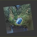 Natural Scenic Giant Blue Lagoon Surrounded by Lush Green Vegetation and Cliffside Grassland Path