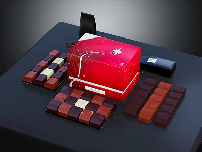 Red Chocolate Gift Box With Star Design And Assorted Chocolate Pieces On Dark Table 3d model