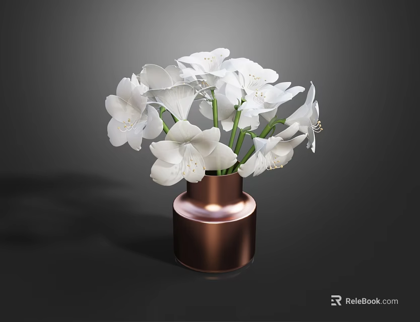 Elegant White Flowers Arrangement In Copper Cylindrical Vase With Green Leaves 3d model 
