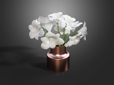 Elegant White Flowers Arrangement In Copper Cylindrical Vase With Green Leaves 3d model