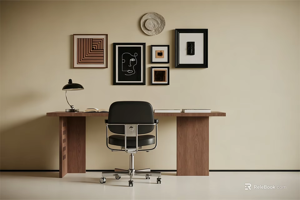 Wooden Desk With Black Lamp Open Book Office Chair And Framed Art On Beige Wall 3d model 