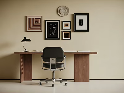 Wooden Desk With Black Lamp Open Book Office Chair And Framed Art On Beige Wall 3d model