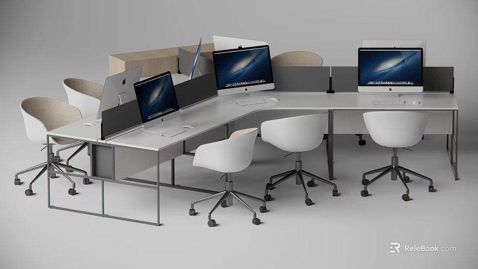 Modern Office Desk Setup With Multiple Monitors White Chairs And Partition Panels 3d model 
