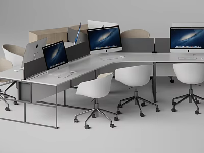 Modern Office Desk Setup With Multiple Monitors White Chairs And Partition Panels 3d model