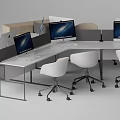 Modern Office Desk Setup With Multiple Monitors White Chairs And Partition Panels