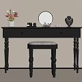 Stylish Black Dressing Table with Round Mirror Vase Cosmetics Jewelry and Stool