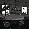 Modern Industrial Style Cafe Interior With Large Windows Bar Counter And Tables Chairs