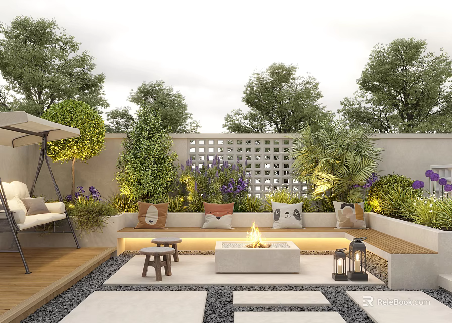 Courtyard Garden Design With Wooden Deck Fire Pit Swing Chair White Lattice Fence And Lush Plants 3d model 