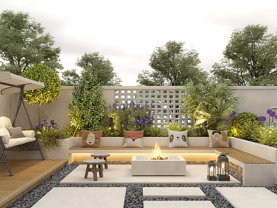 Courtyard Garden Design With Wooden Deck Fire Pit Swing Chair White Lattice Fence And Lush Plants 3d model