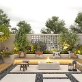 Courtyard Garden Design With Wooden Deck Fire Pit Swing Chair White Lattice Fence And Lush Plants