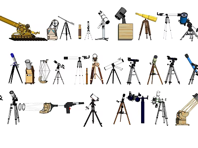 Various Commercial Telescope Equipment with Tripods Multiple Models and Designs 3d model