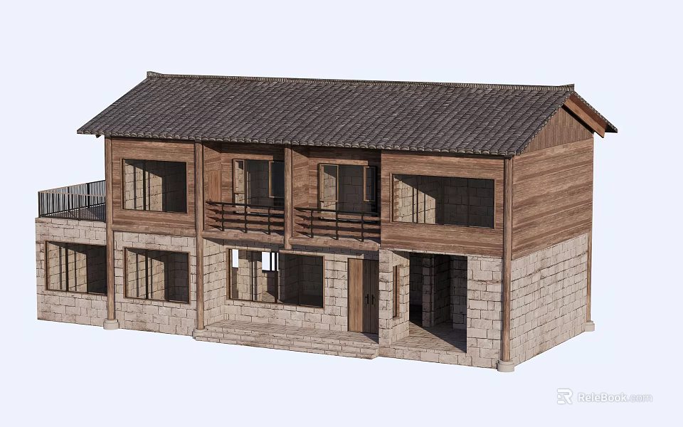 Two Story Rural Self Built House With Wooden Walls Stone Base And Tile Roof 3d model 