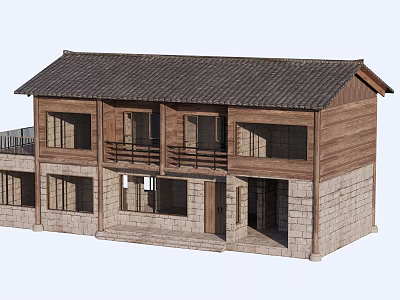 Two Story Rural Self Built House With Wooden Walls Stone Base And Tile Roof 3d model
