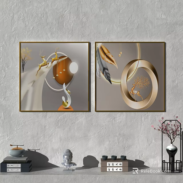Modern Golden Decorative Wall Art With Deer Circular Elements And Feather Design 3d model