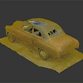 Old Rusty Red Classic Car With Damaged Roof On Broken Ground And Weeds
