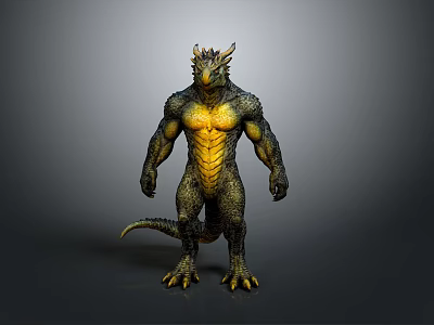 Muscular Mythical Dragon Character With Yellow Chest Scaly Skin And Tail 3d model