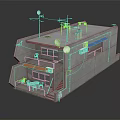 Gray Concrete Industrial Factory Building Exterior With Roof Equipment Blue Orange Awnings And Entrance Stairs