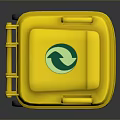 Yellow Trash Bin With Wheels And Green Recycle Logo On Lid