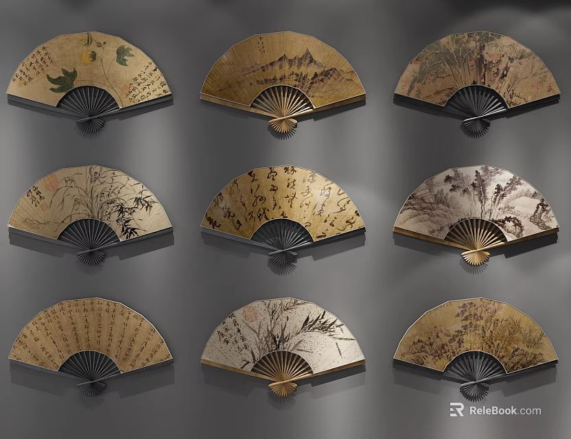 Traditional Chinese Fan Wall Hangings With Oriental Painting And Calligraphy Patterns 3d model 