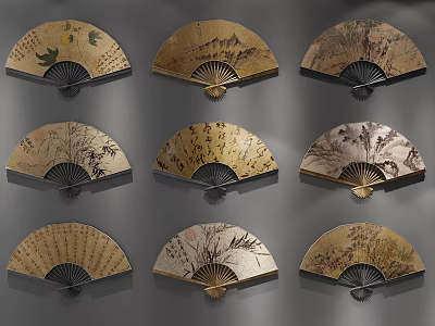 Traditional Chinese Fan Wall Hangings With Oriental Painting And Calligraphy Patterns 3d model