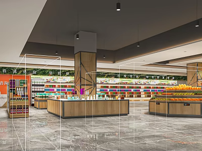 Bright Modern Supermarket Department Store With Fresh Fruit Displays And Beverage Shelves 3d model