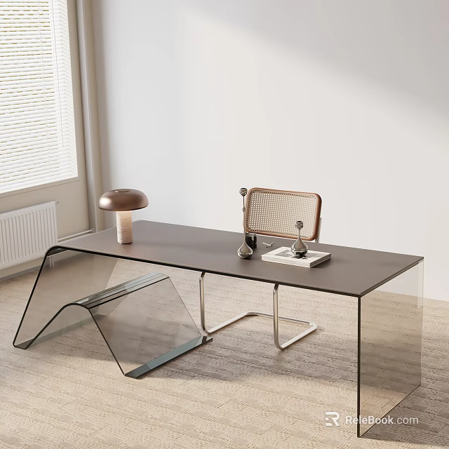 Dining Table Set with Black Tabletop Metal Frame Transparent Glass Chair Copper Lamp Mesh Decor 3d model 