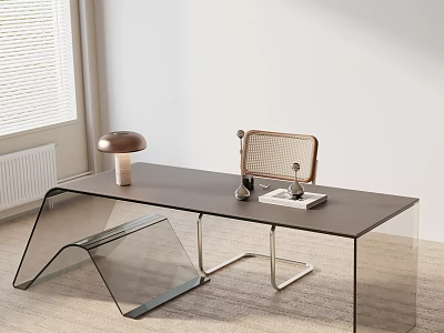 Dining Table Set with Black Tabletop Metal Frame Transparent Glass Chair Copper Lamp Mesh Decor 3d model