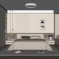 Modern Minimalist Bedroom Interior With Light Colored Walls Vertical Stripes Pendant Lights And Bay Window