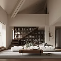 Modern Minimalist Loft Living Room With Sofa Natural Light And Bookshelves
