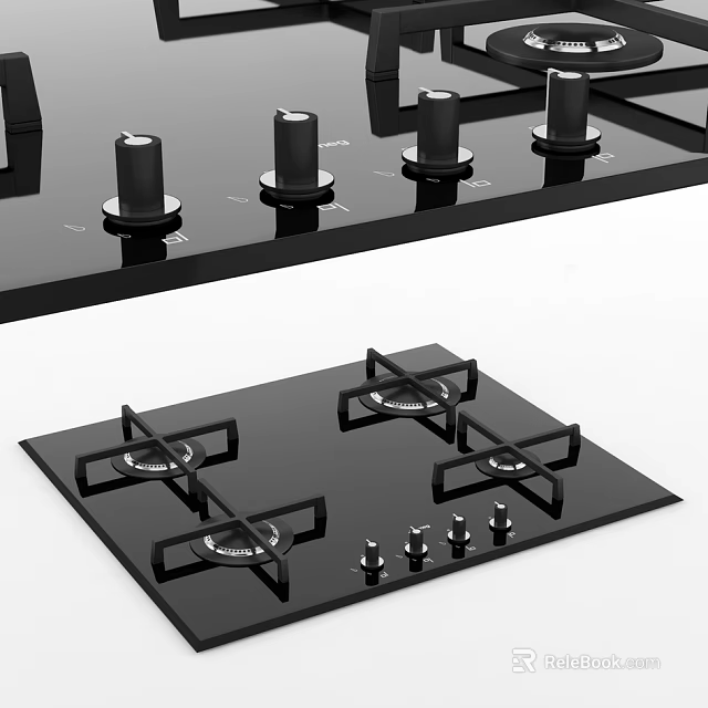 Modern Kitchen Gas Stove With Black Surface Four Burners And Control Panel Knobs 3d model 