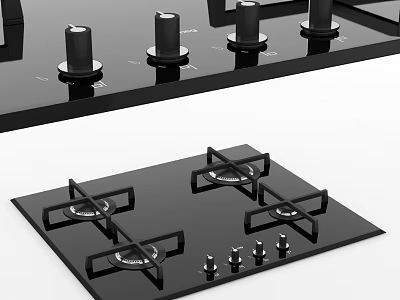 Modern Kitchen Gas Stove With Black Surface Four Burners And Control Panel Knobs 3d model