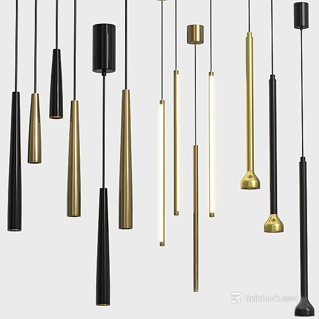 Modern Black and Gold Pendant Lights With Cylindrical Cone Shaped Minimalist Design 3d model 