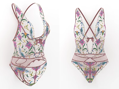 Sheer Floral Embroidered Bodysuit With V Neck Back Design And Elegant Women's Lingerie 3d model