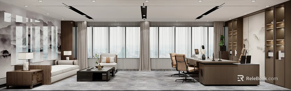 Office Interior With Large Windows City View Sofa Coffee Table Plant Desk And Computer 3d model