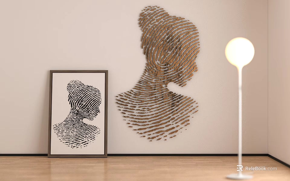 Abstract Painting With Fingerprint Texture Female Silhouette Framed Artwork And Floor Lamp Interior Decor 3d model 