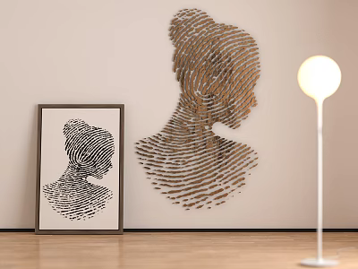 Abstract Painting With Fingerprint Texture Female Silhouette Framed Artwork And Floor Lamp Interior Decor 3d model