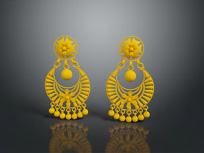 Yellow Ornate Earrings With Floral Design Round Pendant And Tassel Details 3d model