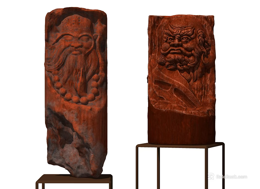 Detailed Red Wood Sculptures Carved With Smiling And Fierce Faces On Stands 3d model 