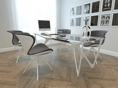 Modern Office Desk With Glass Top White Frame Computer Monitor Headphones And Mesh Organizer 3d model