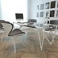 Modern Office Desk With Glass Top White Frame Computer Monitor Headphones And Mesh Organizer