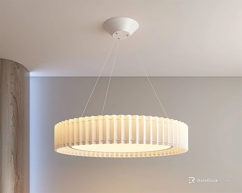 Modern Circular White Striped Pendant Light Hanging In Contemporary Interior 3d model 