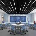 Modern School Classroom With White Tables Blue Chairs And Robot Models 3d model