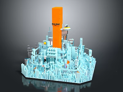 Detailed Cartoon City Scene Featuring Tall Orange Tower And Blue Surrounding Buildings 3d model