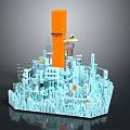 Detailed Cartoon City Scene Featuring Tall Orange Tower And Blue Surrounding Buildings
